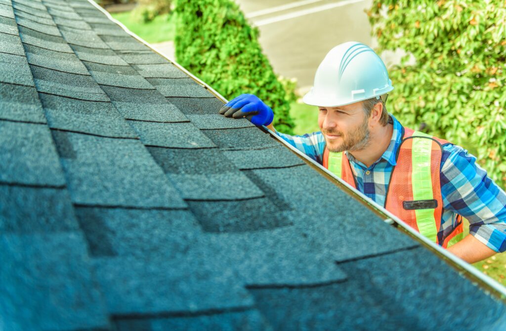 Roofer in a hard hat inspecting green asphalt shingles in Austin, TX