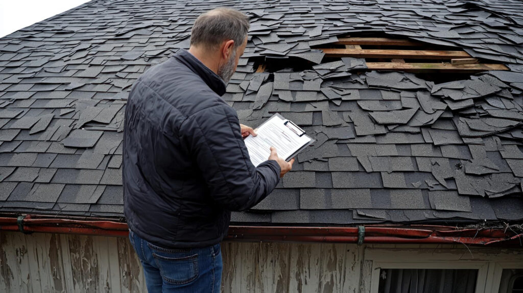 Homeowner inspecting a damaged shingle roof with a checklist in Austin, TX