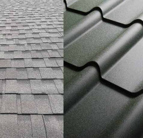 asphalt shingles vs metal roofing comparison showing shingle roof and metal roof materials side by side