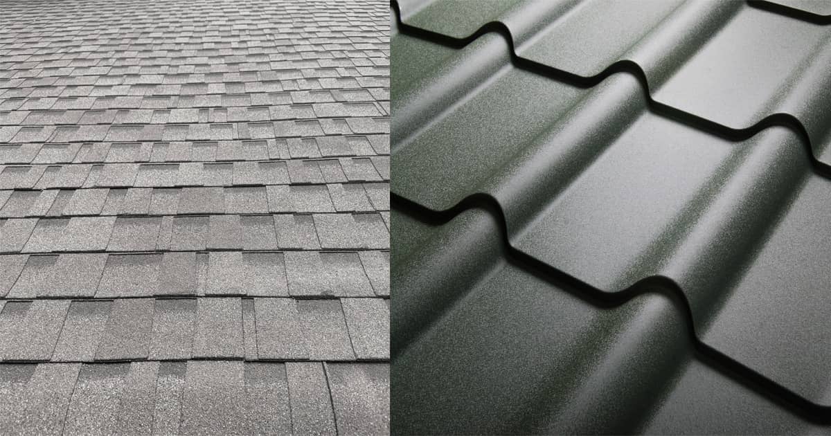 asphalt shingles vs metal roofing comparison showing shingle roof and metal roof materials side by side