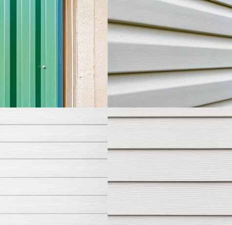 Siding materials comparison showing vinyl, fiber cement, wood and metal exterior panels on residential home