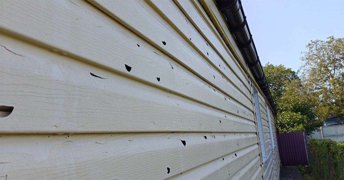 Weathered beige vinyl siding with holes and damage that may need repair or replacement